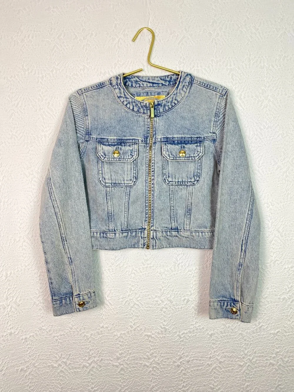 Michael Kors Cropped Denim Jacket Light Wash Gold Zip Utility Size S